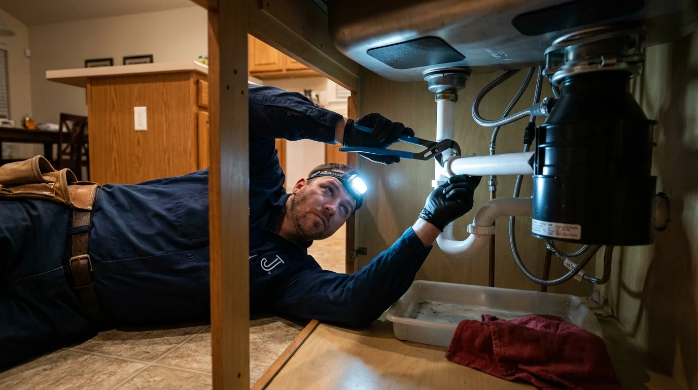P-trap and supply line connections under a kitchen sink showing a common leak point in Milton, NY